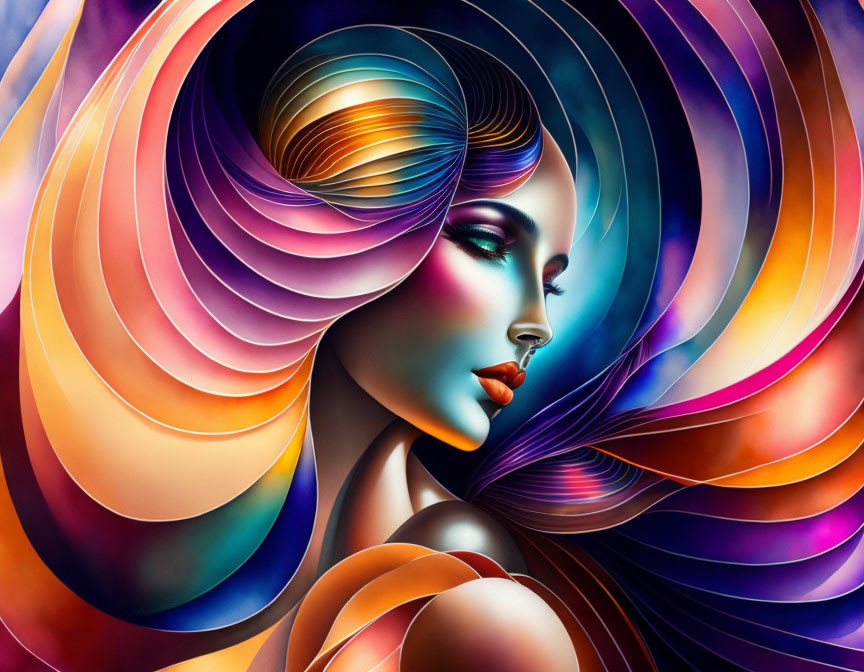 Vibrant digital artwork of stylized woman with swirling patterns