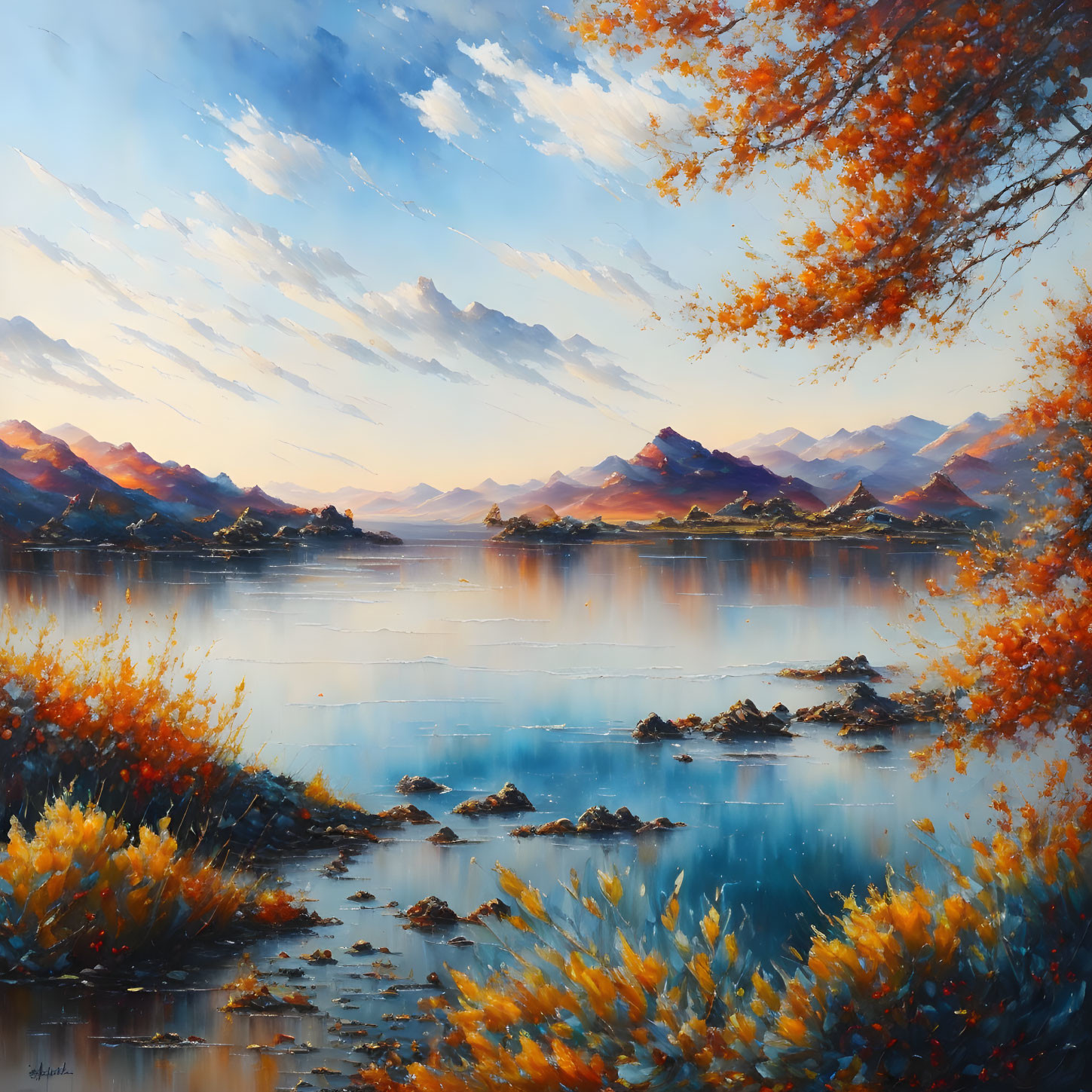 Autumnal lake painting with orange foliage, calm water reflections, and hazy mountains.