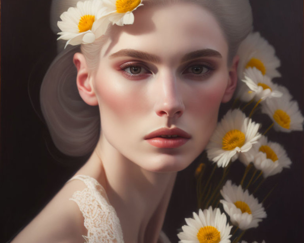 Portrait of woman with pale skin, white hair, daisies, against dark background