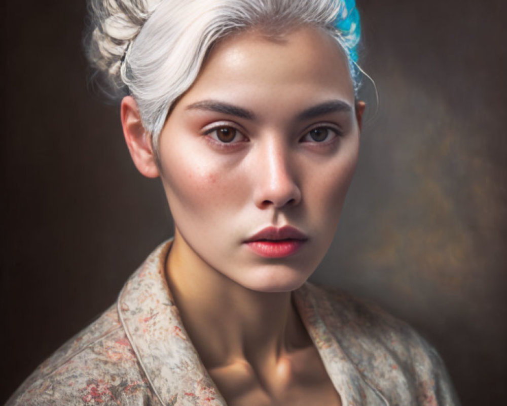 Portrait of Woman with White Hair Bun & Patterned Garment on Dark Background