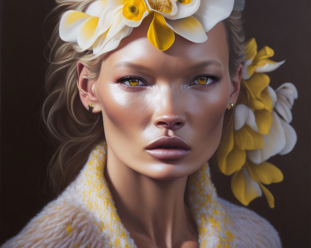 Woman with Golden Eyes and Flower Hair Adornment