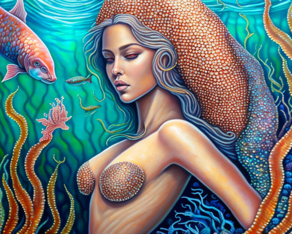 Colorful Mermaid Artwork with Marine Life in Vibrant Underwater Scene