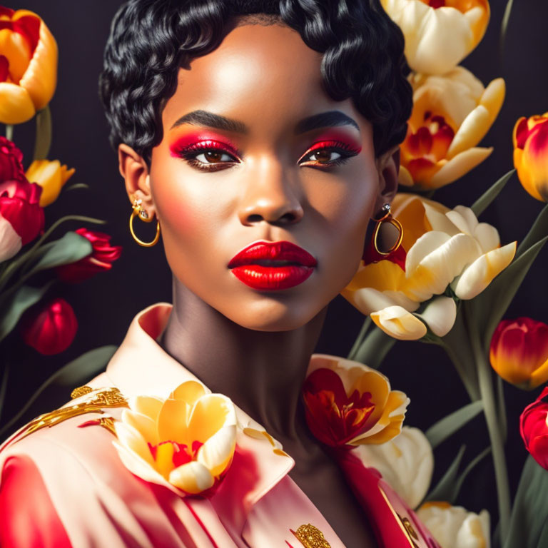 Vibrant tulips surround woman with red makeup and floral top