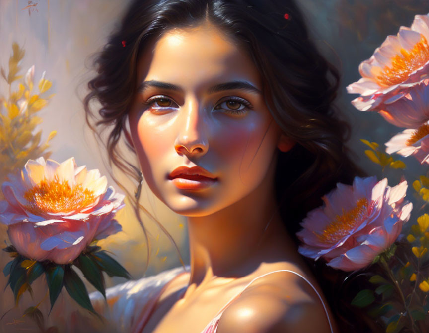 Portrait of Woman with Wavy Hair and Blooming Flowers in Soft Light