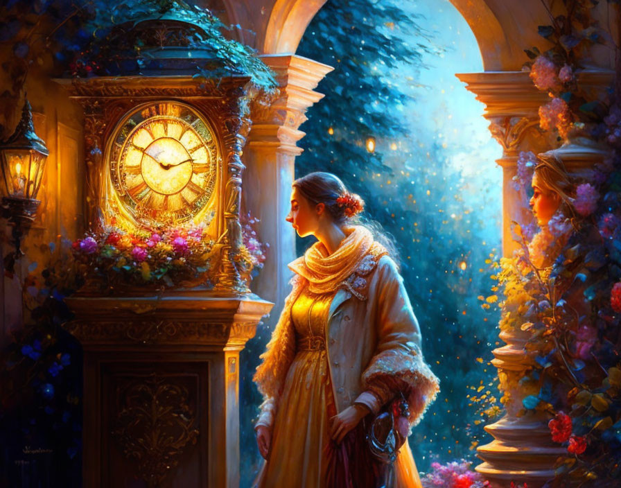 Historical women with golden clock and luminous flowers in magical setting