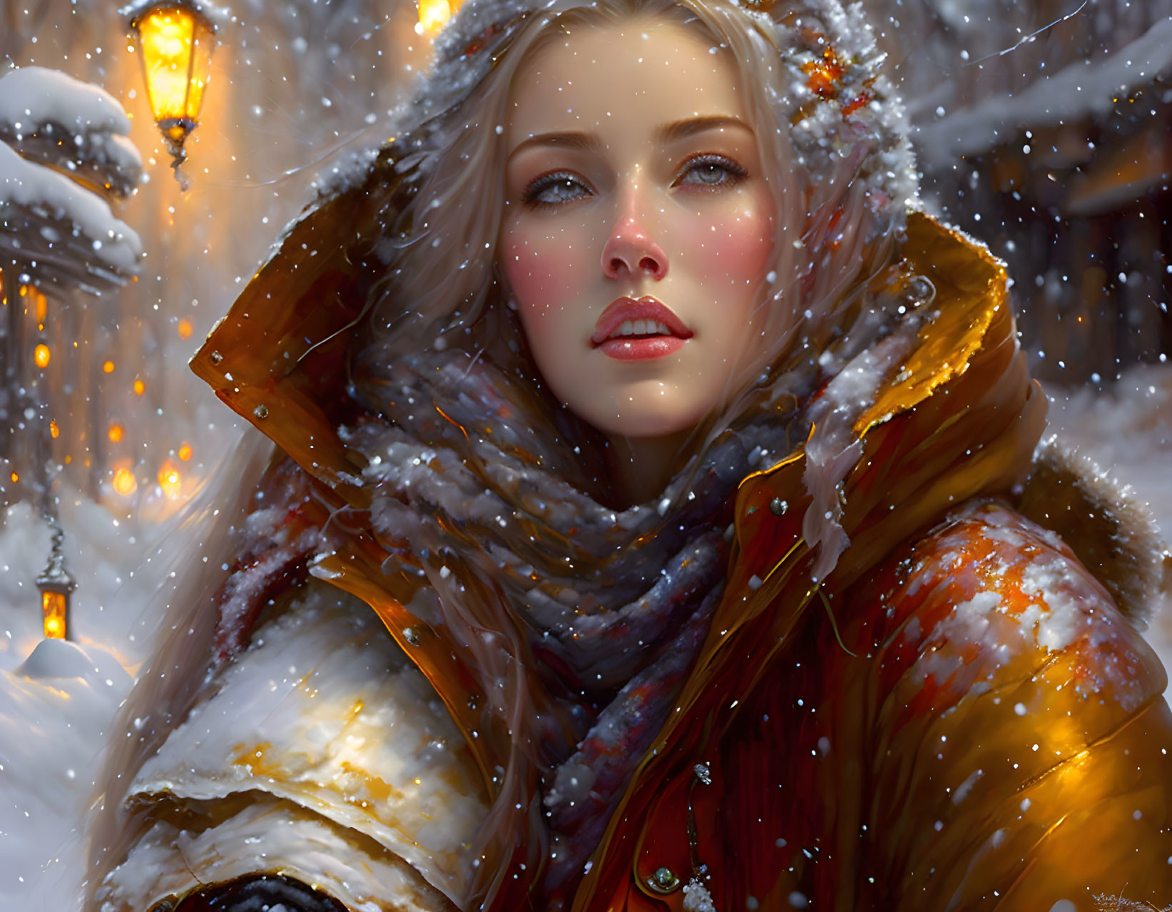 Fair-skinned woman in red cloak and scarf with blue eyes in snowy scene with glowing lamps.