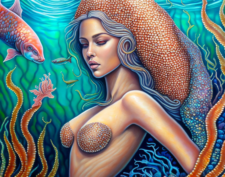 Colorful Mermaid Artwork with Marine Life in Vibrant Underwater Scene