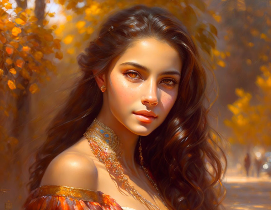 Digital Artwork: Woman with Wavy Hair and Amber Eyes in Elegant Jewelry