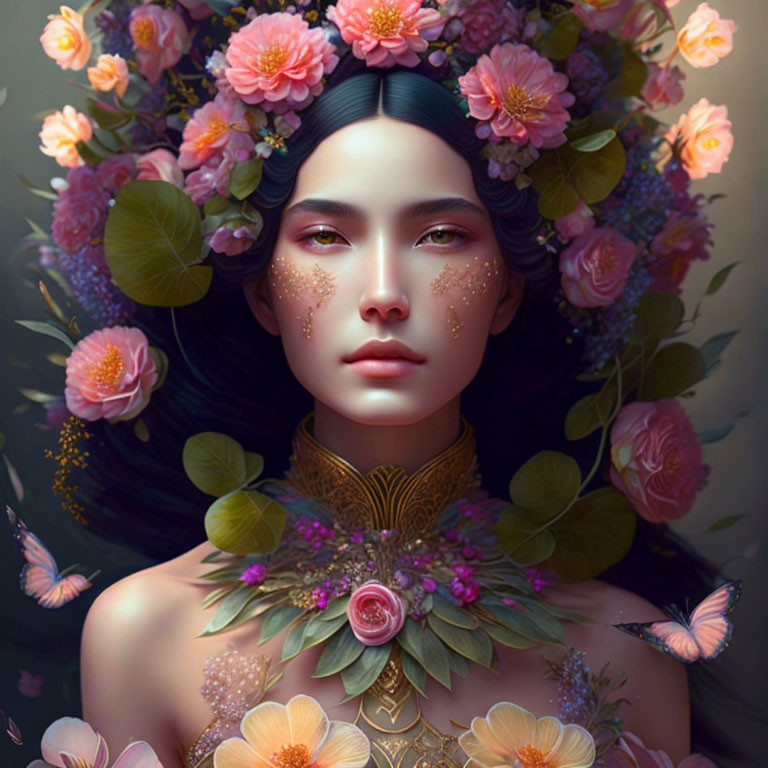 Woman with floral crown and botanical aura portrait.