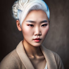 Portrait of Woman with White Hair Bun & Patterned Garment on Dark Background