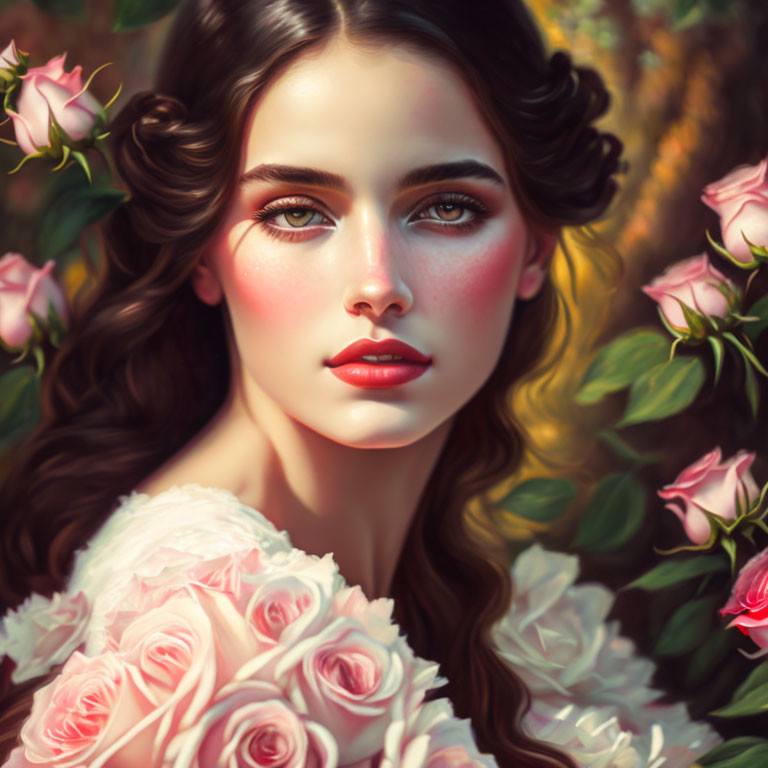 Portrait of woman with dark hair, red lips, rosy cheeks, surrounded by pink roses