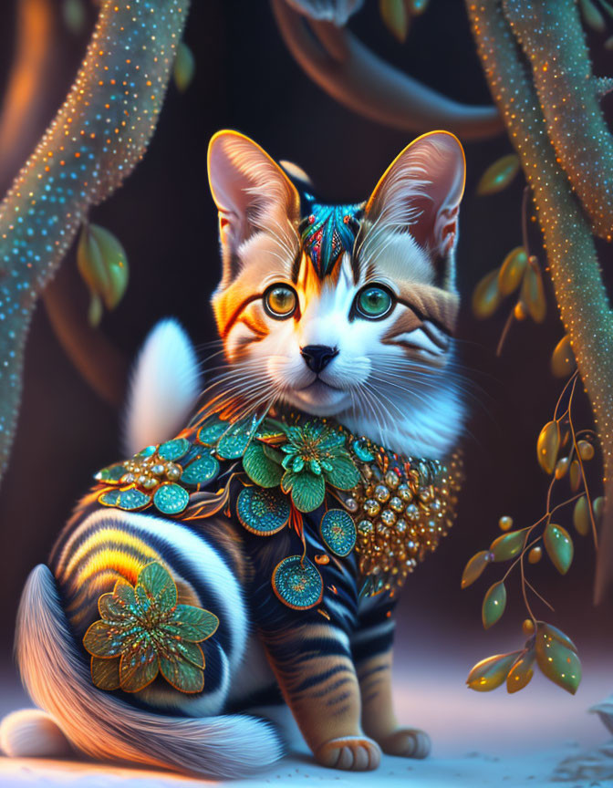 Whimsical cat with ornate patterns in fantastical setting