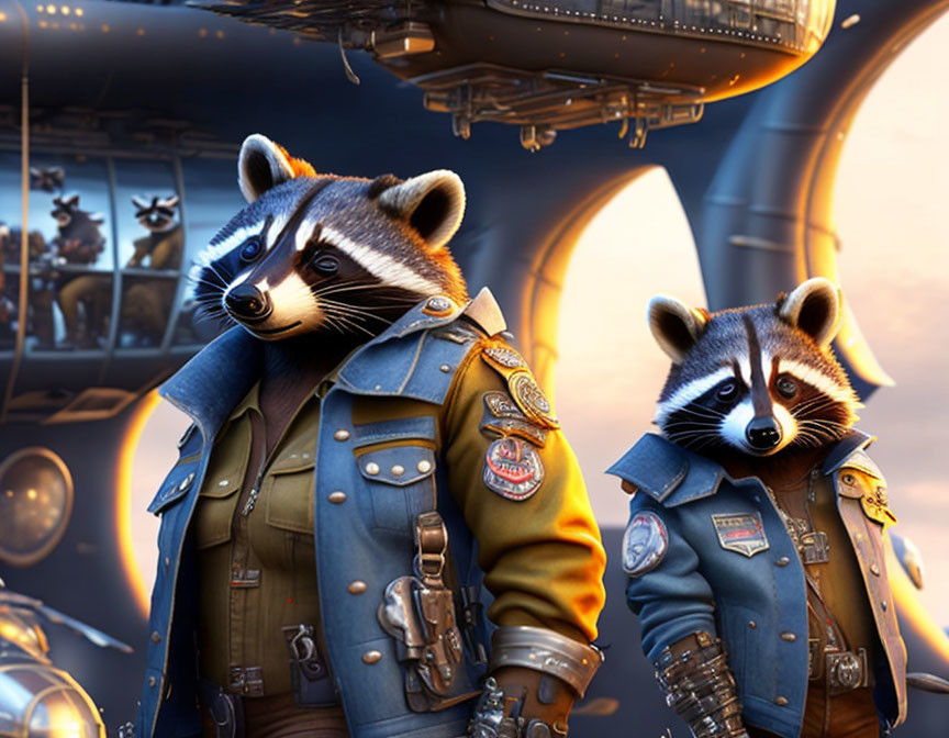 Animated raccoons in leather jackets with futuristic aircraft at dusk