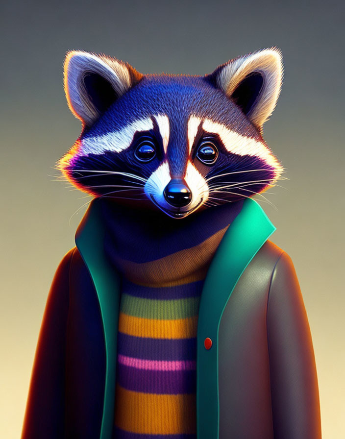 Colorful Striped Sweater & Green Jacket on Raccoon in 3D Art