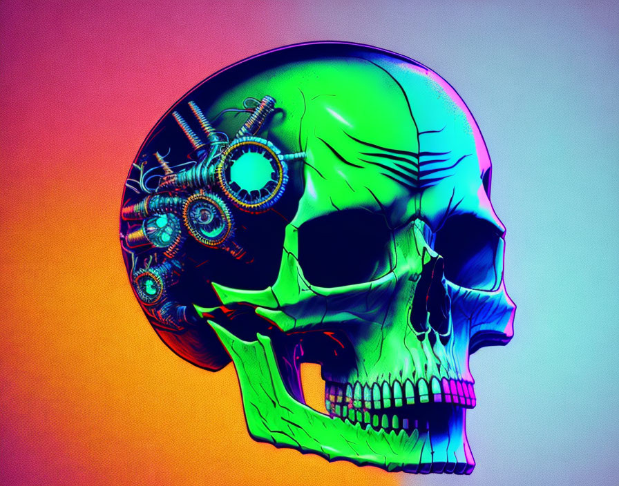 Colorful digital artwork of human skull with mechanical gears on right side on orange and purple gradient.