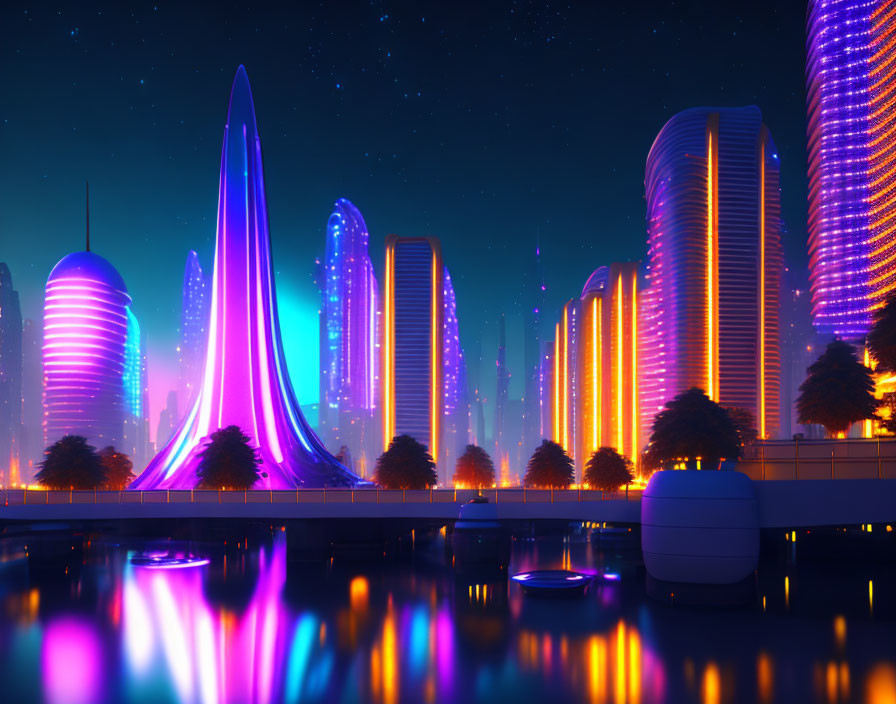 Futuristic Night Cityscape with Neon Lights and Skyscrapers