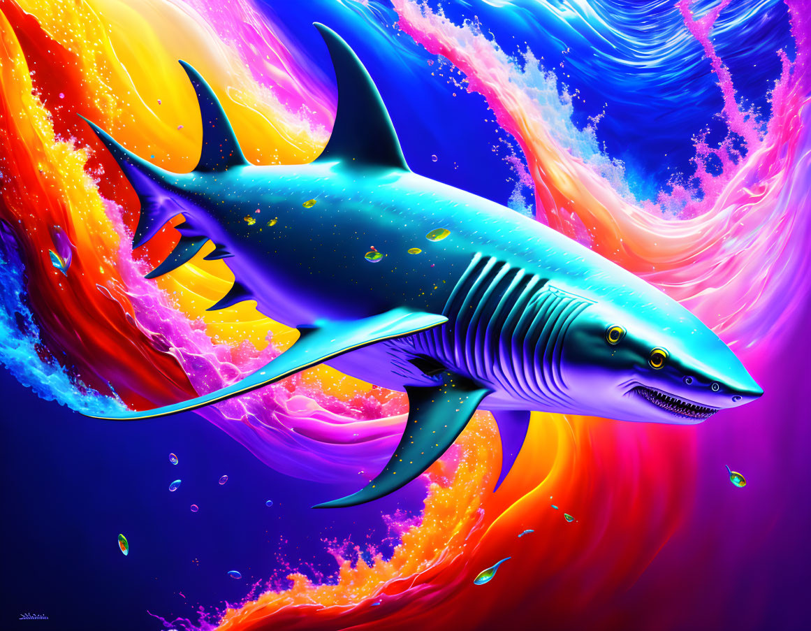 Colorful Shark Swimming in Psychedelic Swirls and Bubbles