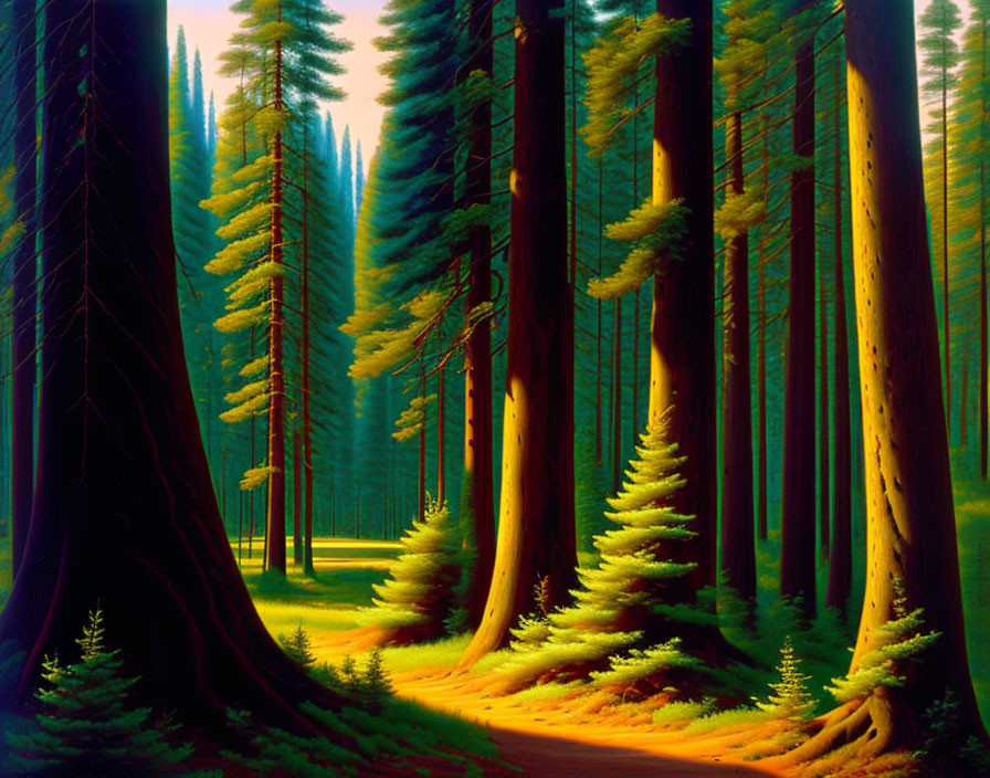 Lush forest landscape with tall trees and sunbeams