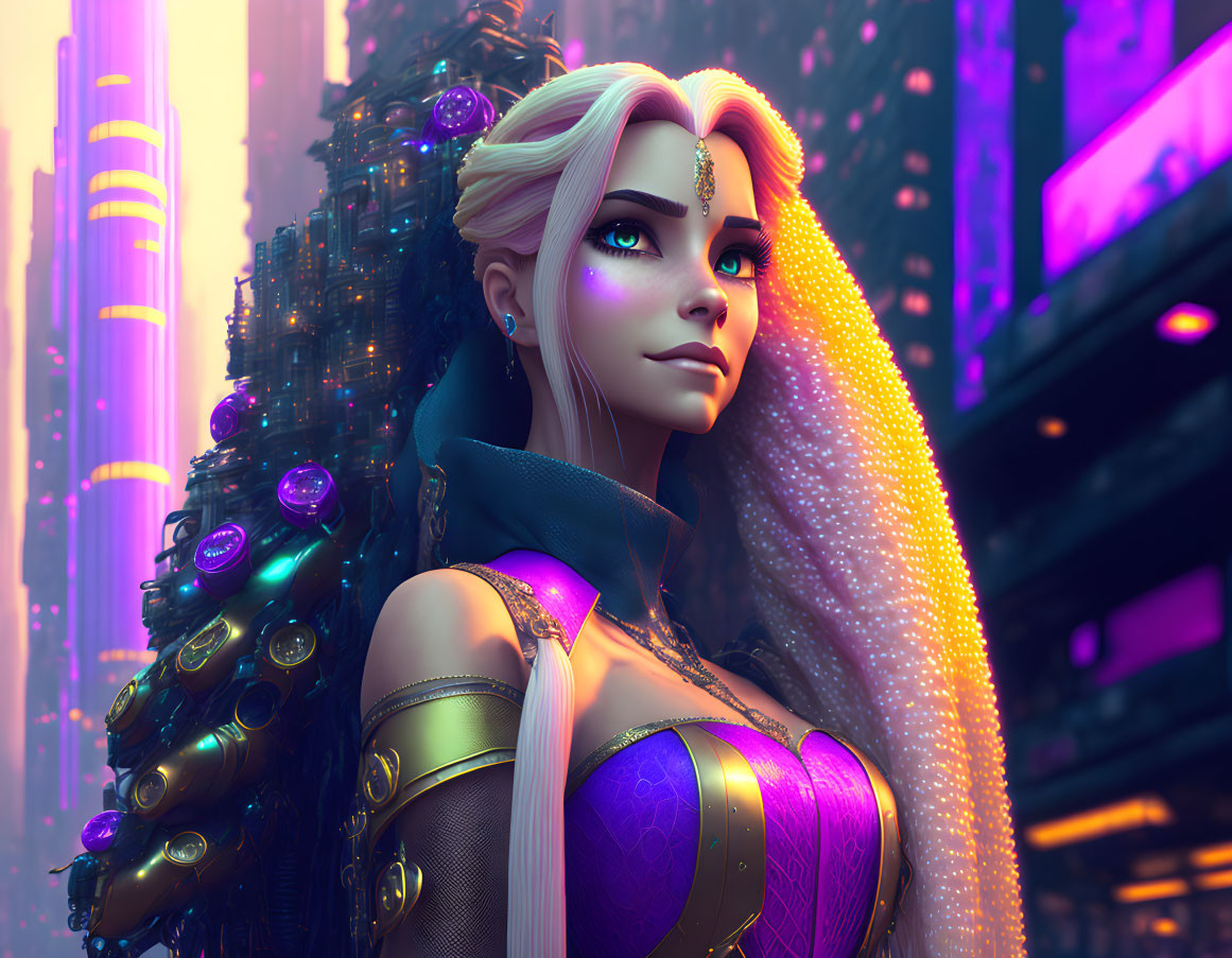 Blonde-Haired Female Character in Futuristic Armor in Neon-Lit Cityscape