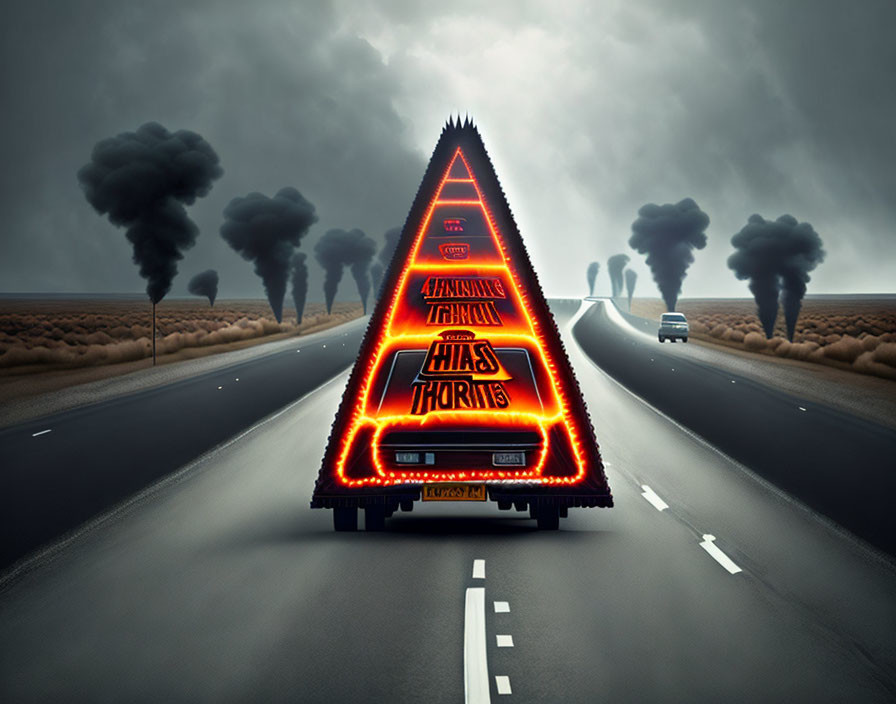 Neon-lit triangular billboard on truck on highway under gloomy sky