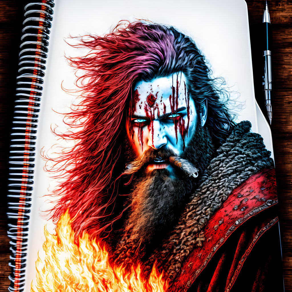 Illustration of fierce warrior with flaming sword and red hair on open notebook