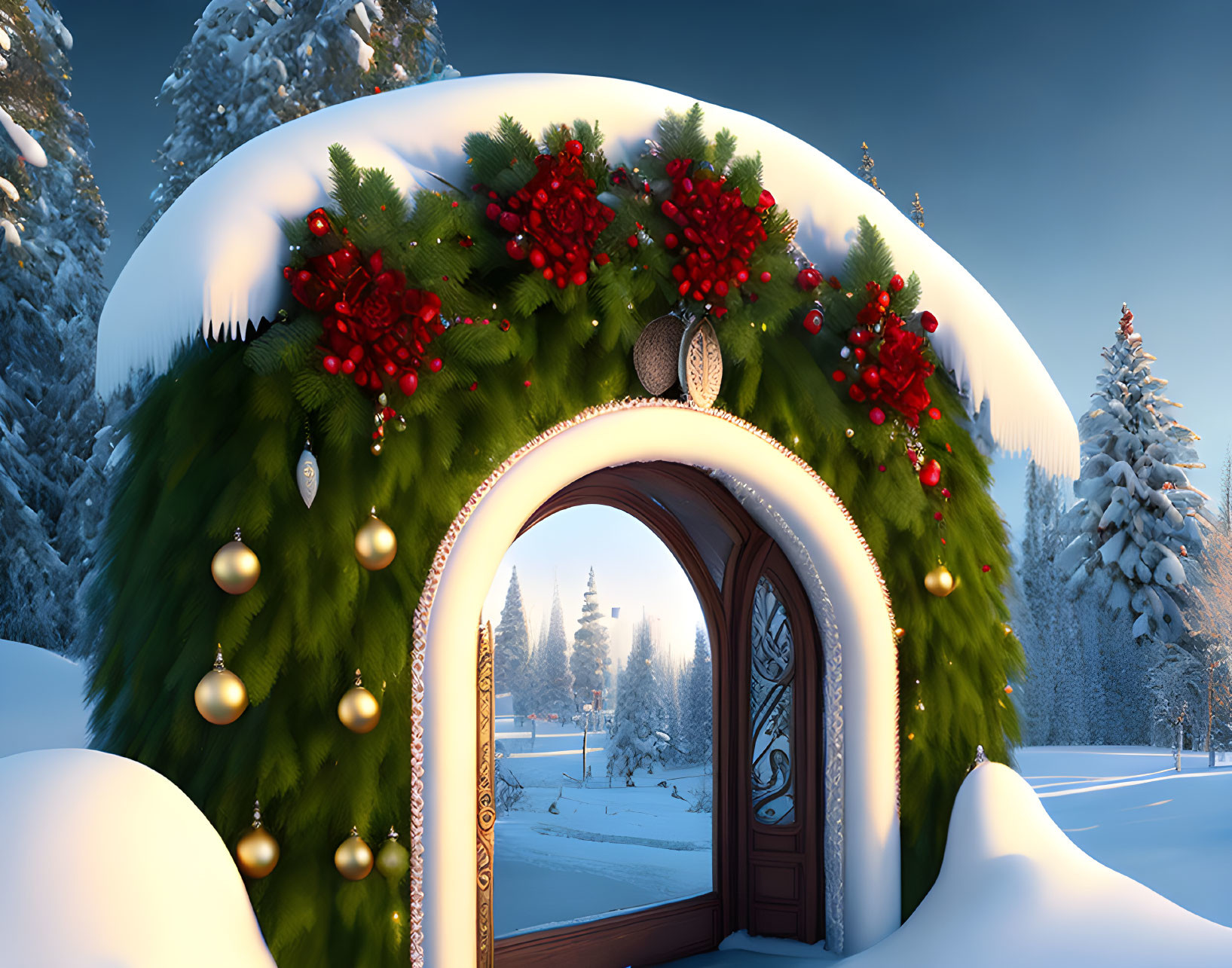 Snow-covered archway adorned with greenery, red berries, and golden ornaments in a winter forest setting