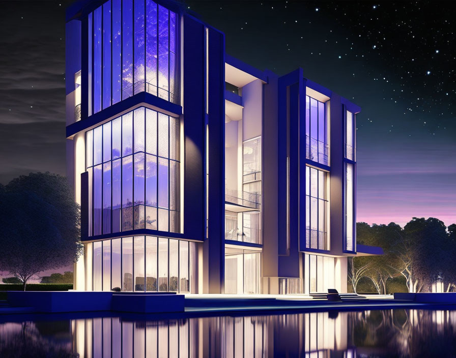 Twilight scene of modern building with glass facades and starry sky.