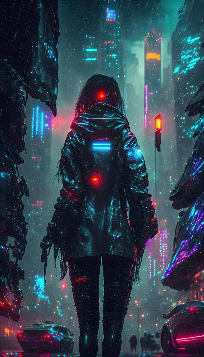 Futuristic attire person in neon-lit cyberpunk cityscape