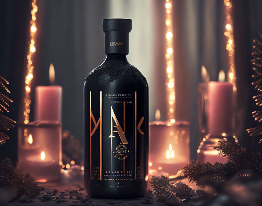 Elegant gold text on dark bottle with soft lighting and candles