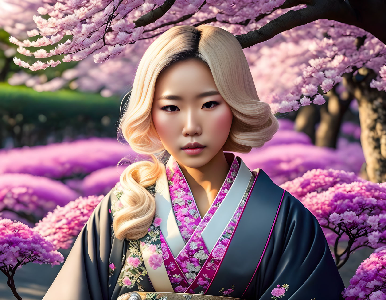 Woman in traditional Korean attire surrounded by cherry blossoms