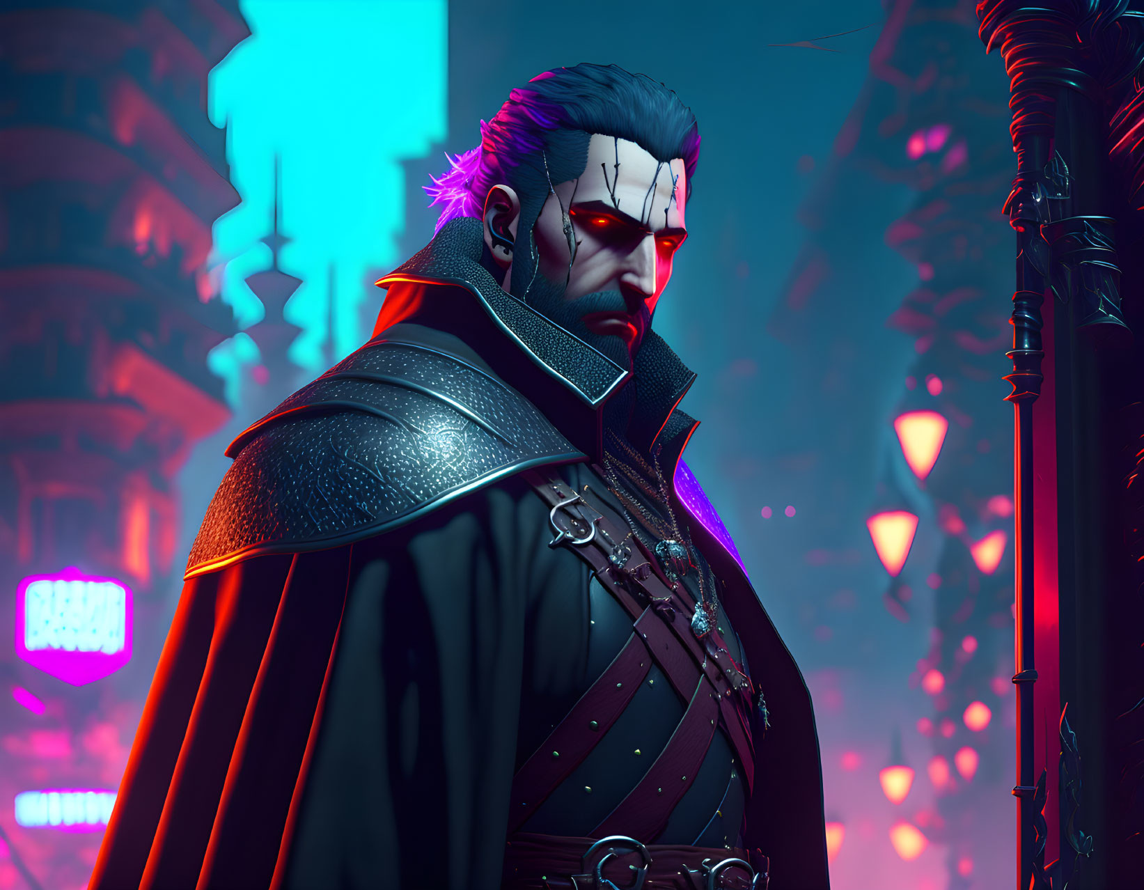 Futuristic warrior with cybernetic eye patch in neon-lit cityscape