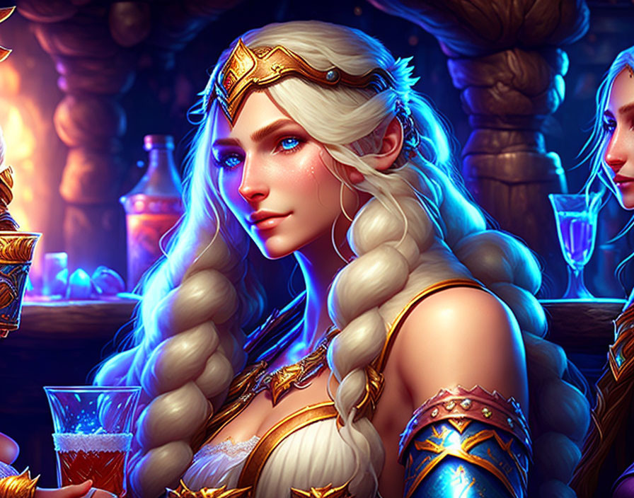 Blonde-haired female elf in golden armor with braids holding a glass