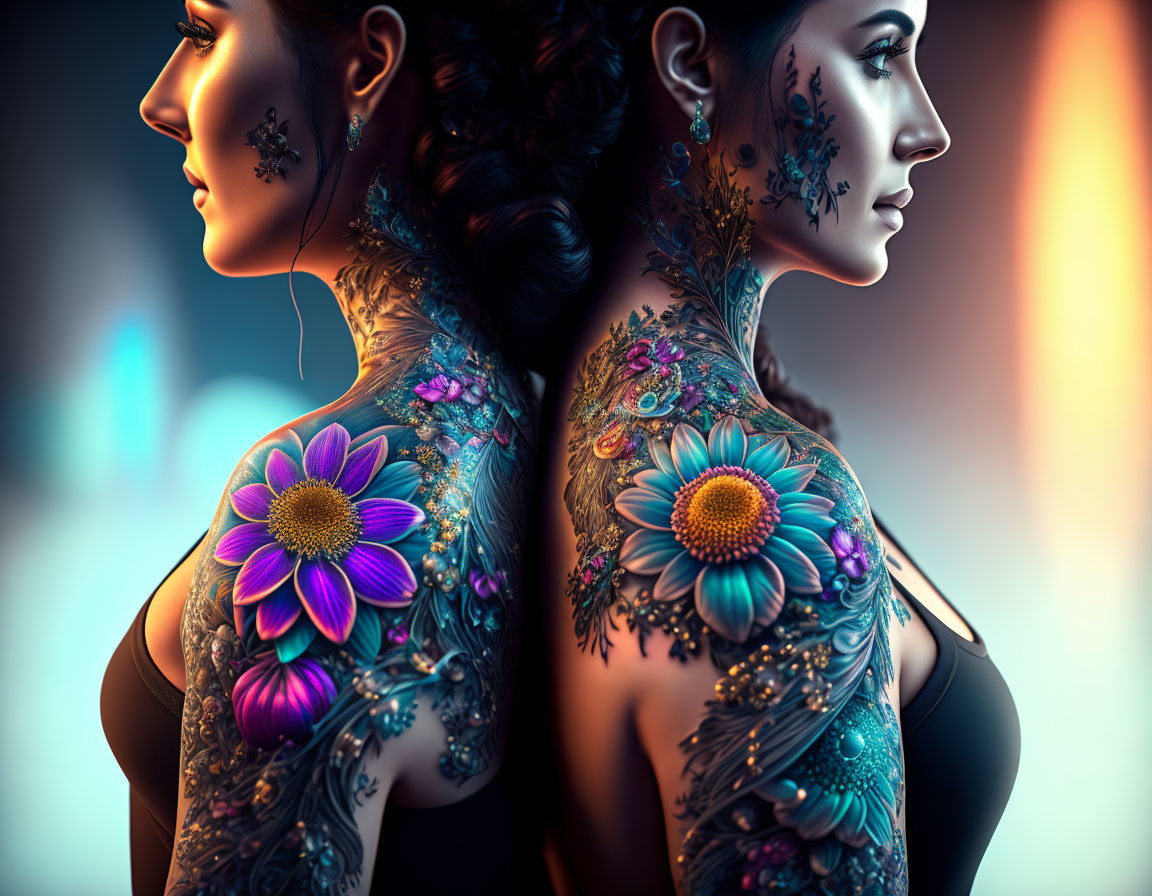 Two Women with Intricate Floral Tattoos on Shoulders and Necks against Warm-Toned Backdrop