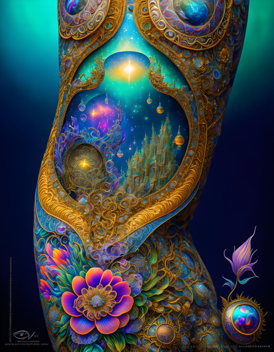 Cosmic digital art with ornate golden patterns and celestial scenery