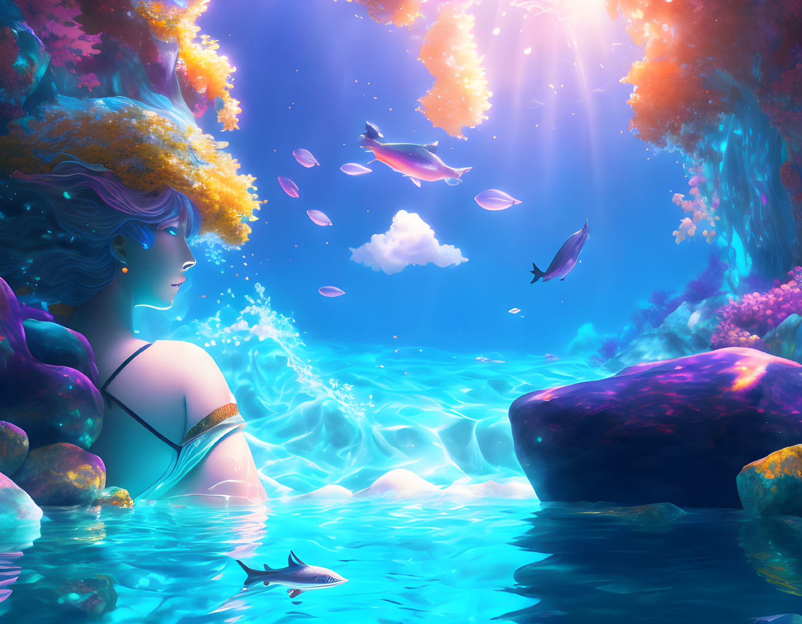 Woman observing fish in vibrant coral reef under sunlight