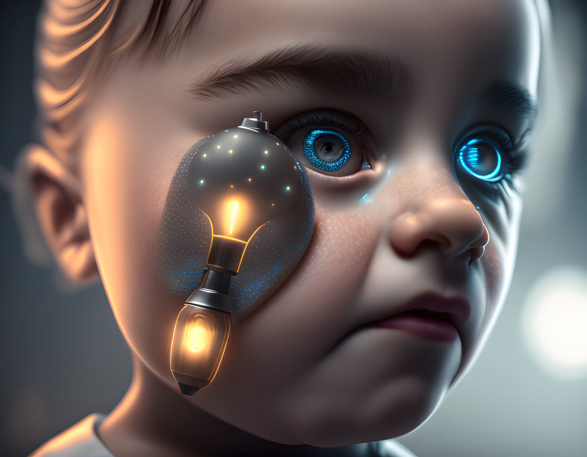 Child with Crystal-Blue Eyes and Glowing Light Bulb Cheek Artwork