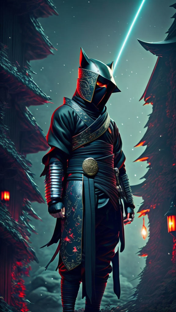 Stylized knight in black and red samurai armor in crimson-lit forest