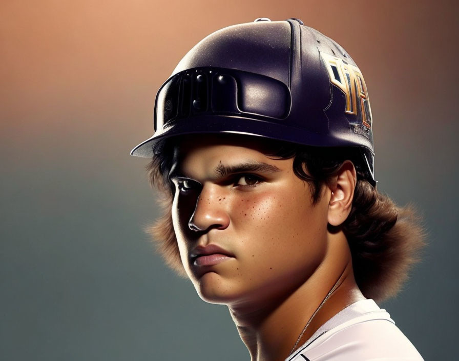 Young male in baseball cap with focused expression on gradient background