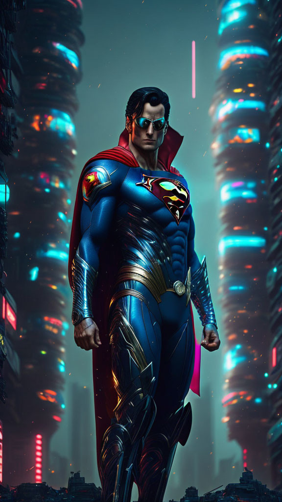 Superman in futuristic cityscape with glowing skyscrapers