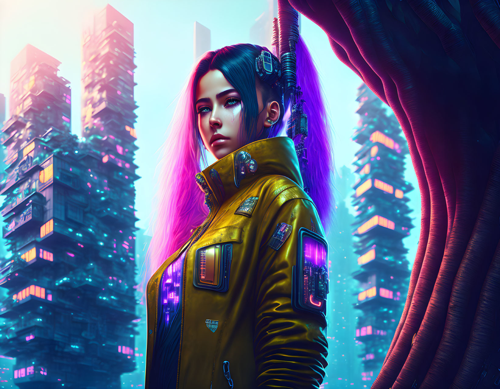 Cybernetic Woman in Neon-Lit Futuristic Cityscape