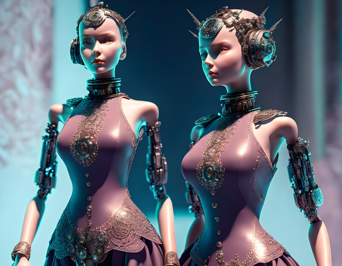 Futuristic female robots with steampunk designs and exposed mechanical necks.