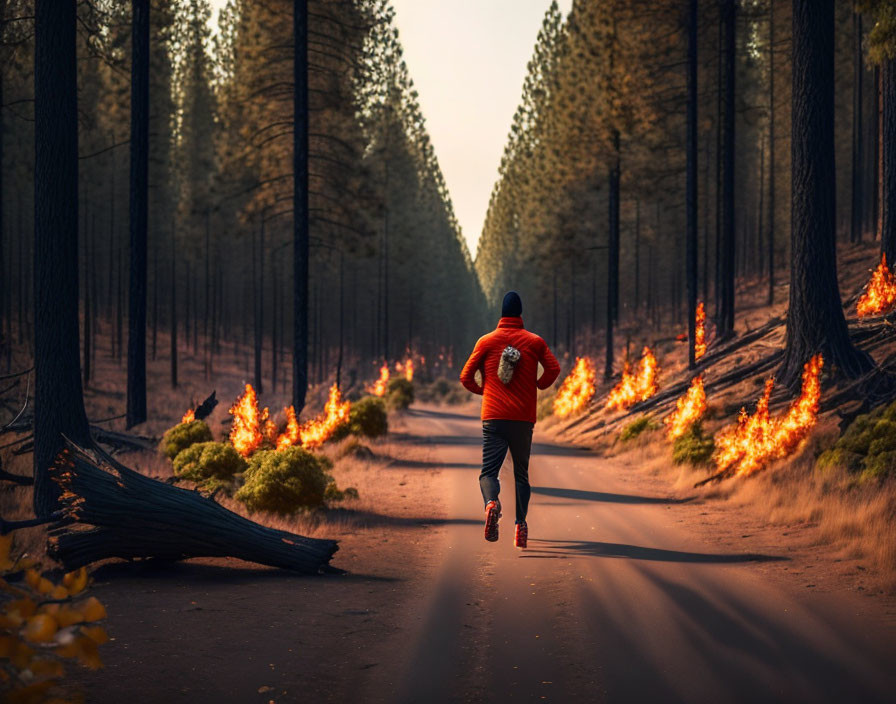 Person jogging on forest road with small fires and tall trees