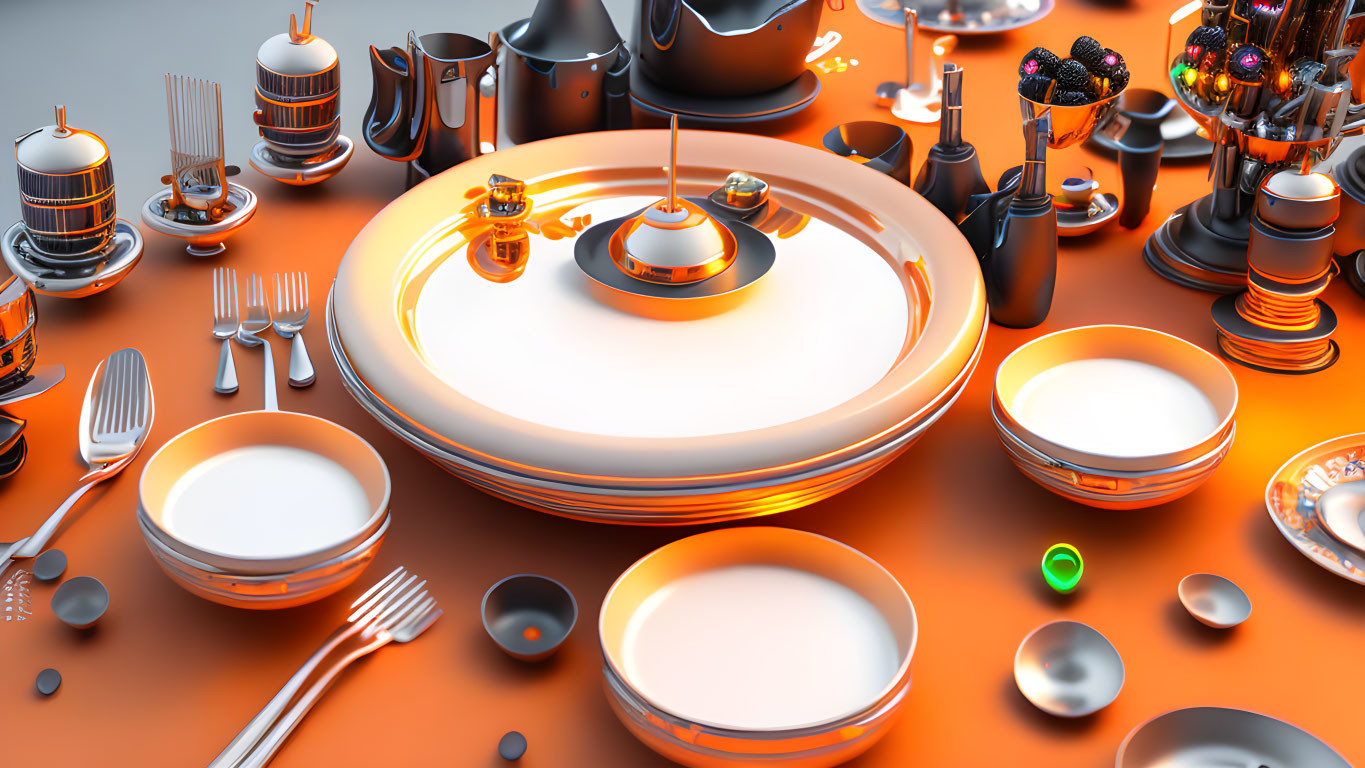 Surreal 3D-rendered image of futuristic orange table setting