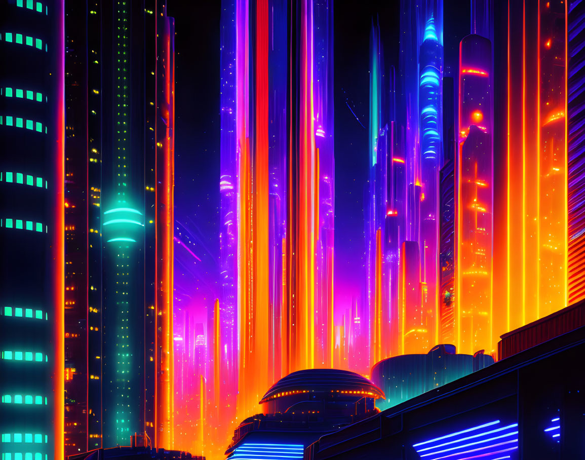 Futuristic neon-lit cityscape with skyscrapers and light streaks