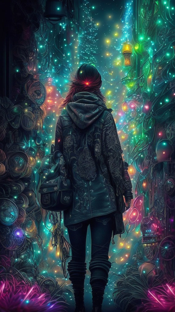 Vibrant neon-lit alley with swirling colors and glowing orbs