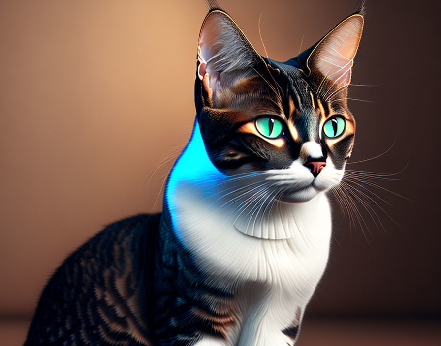 Detailed Cat Illustration with Green Eyes and Striped Fur in Blue Glow