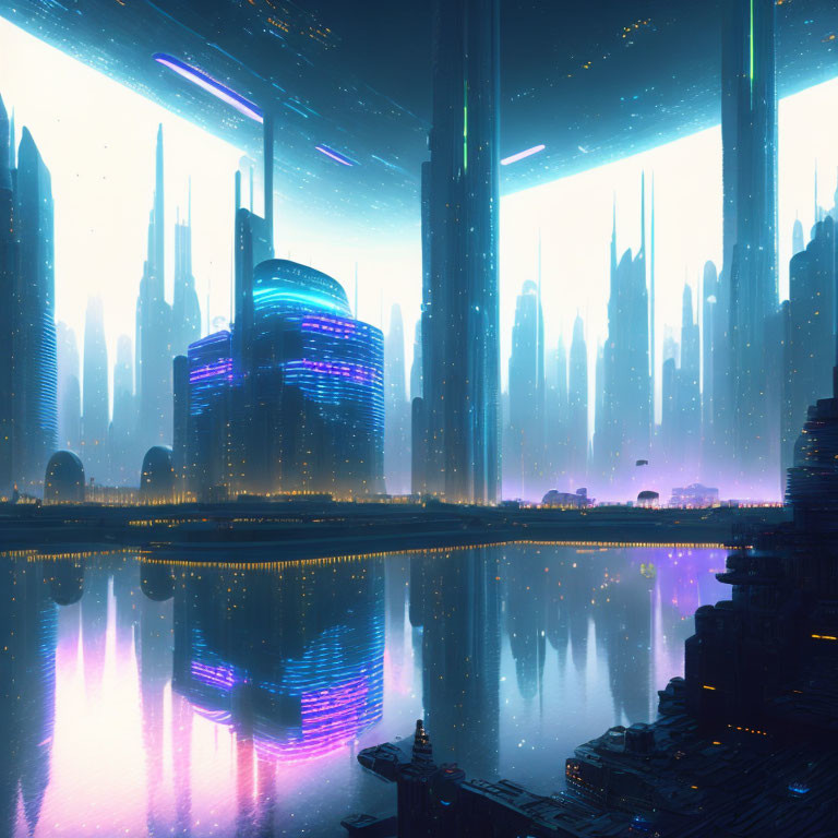 Futuristic cityscape with neon-lit skyscrapers reflected on calm water at twilight