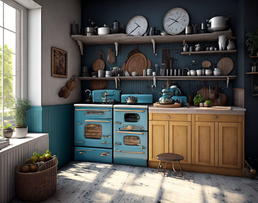 Rustic kitchen with teal vintage stove and wooden cabinets