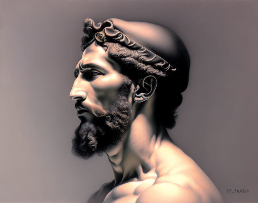 Classical sculpture digital artwork: Bearded man profile with headband