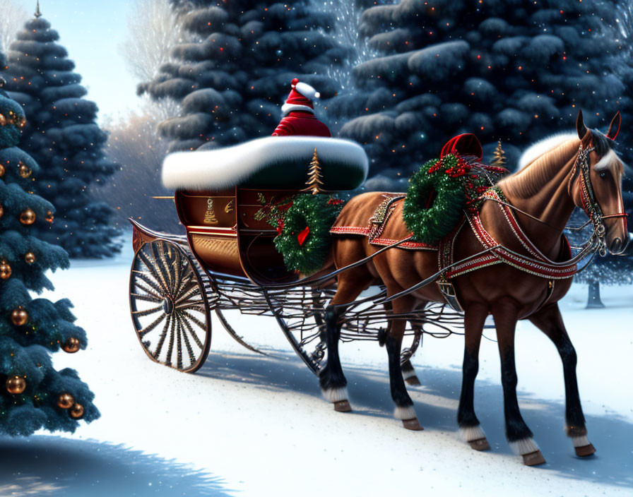 Festive horse-drawn carriage in snowy landscape